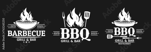 BBQ logo set. Barbecue, grill icon with fire flame. Meat restaurant label. Vector illustration.