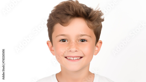 Portrait of a cute beautiful young boy kid smiling with clean teeth isolated on white background. Health care, dental hygiene. Used for a dental ad. 