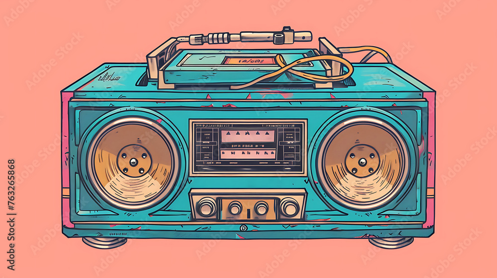 Vintage boombox sound system. 1980s Boom Box Cassette Tape Player. Old school vintage radio tape recorder doodle double cassette speaker. Generative Ai - obrazy, fototapety, plakaty 