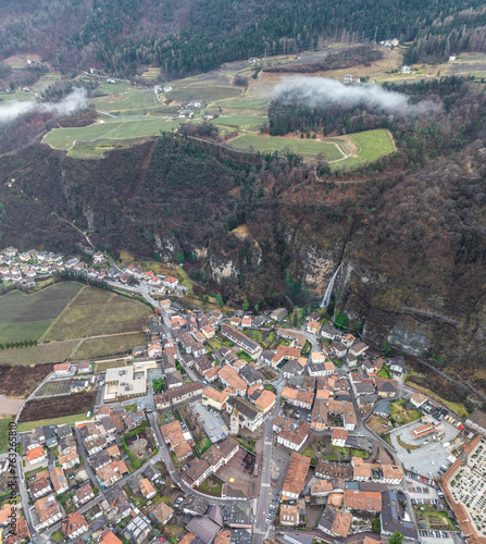 Aerial view of Salorno with Titschen Wasserfall Waterfall, South Tyrol, Italy. photo