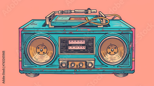 Vintage boombox sound system. 1980s Boom Box Cassette Tape Player. Old school vintage radio tape recorder doodle double cassette speaker. Generative Ai