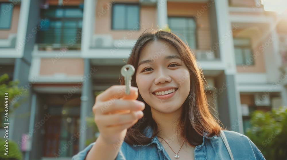 woman buying or rent new home she holding key front of new house ...