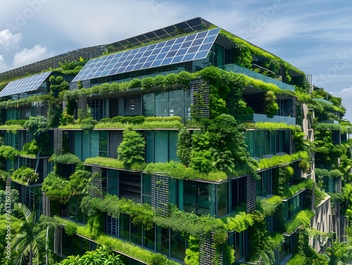 The building is covered with green plants and solar panels