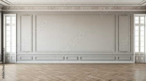 A large, empty room with a white wall and wood floors. The room is very spacious and has a clean, minimalist look photo