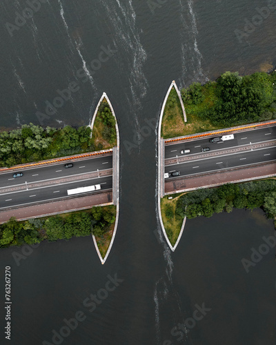 Aerial drone view of Aquaduct Veluwemeer, highway nd boat viaduct, Harderwijk, The Netherlands. photo