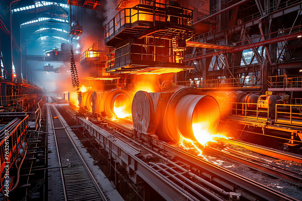 Steel plant pouring workshop. AI technology generated image