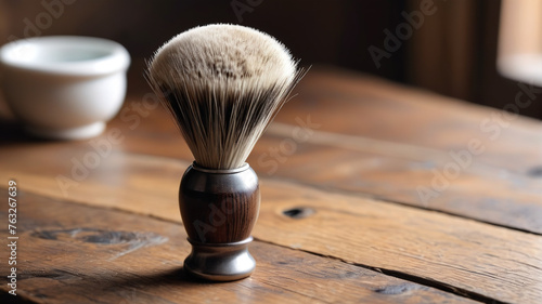 Barber's brushes. Shaving tools for the face lay on the table. Generative AI.