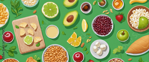 top view of various snacking on green background