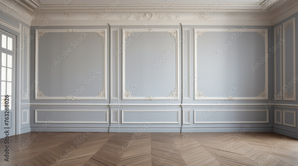 A large, empty room with white trim and a wood floor. The room is very clean and has a very elegant and sophisticated feel to it A large, empty room with white trim and a wood floor. The room is very clean and has a very elegant and sophisticated feel to it