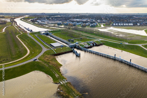 Aerial view of lock in canal Maximakanaal in front of village Empel, Noord-Brabant, Netherlands. photo