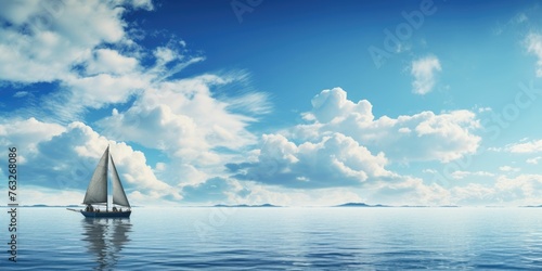 Boat in the sea on a background of blue sky with clouds