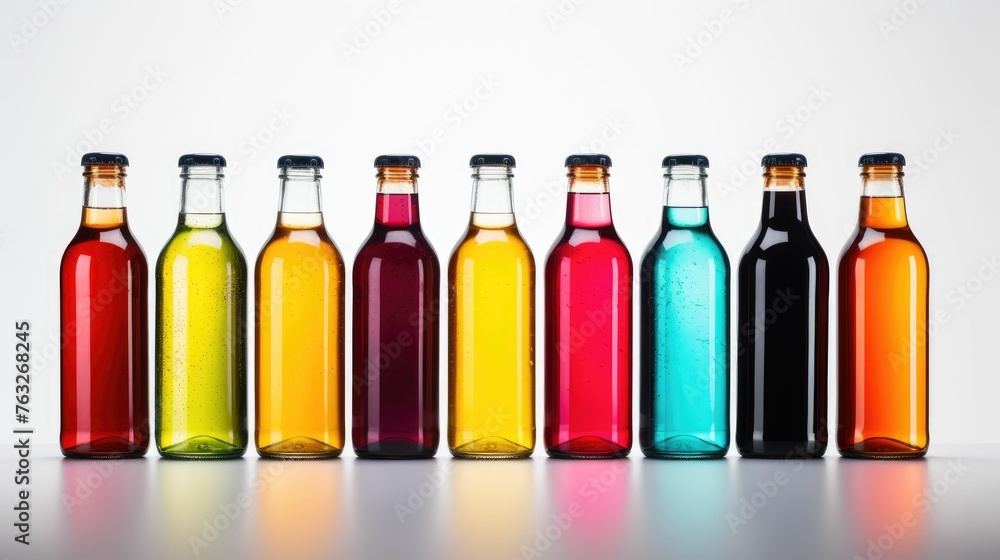 Bottles with colorful drinks and blank labels, mockup