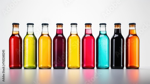 Bottles with colorful drinks and blank labels, mockup