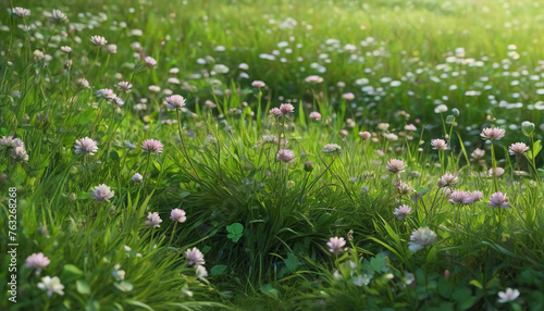 Clover and other wildflowers growing in a green meadow. Very detailed details. Generative AI.  