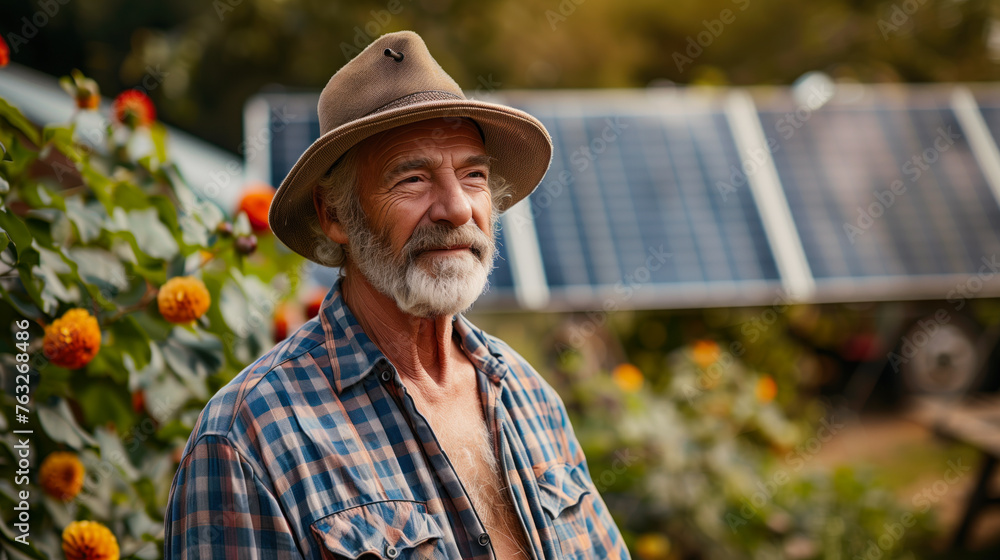 Content senior farmer with solar panels in the background.