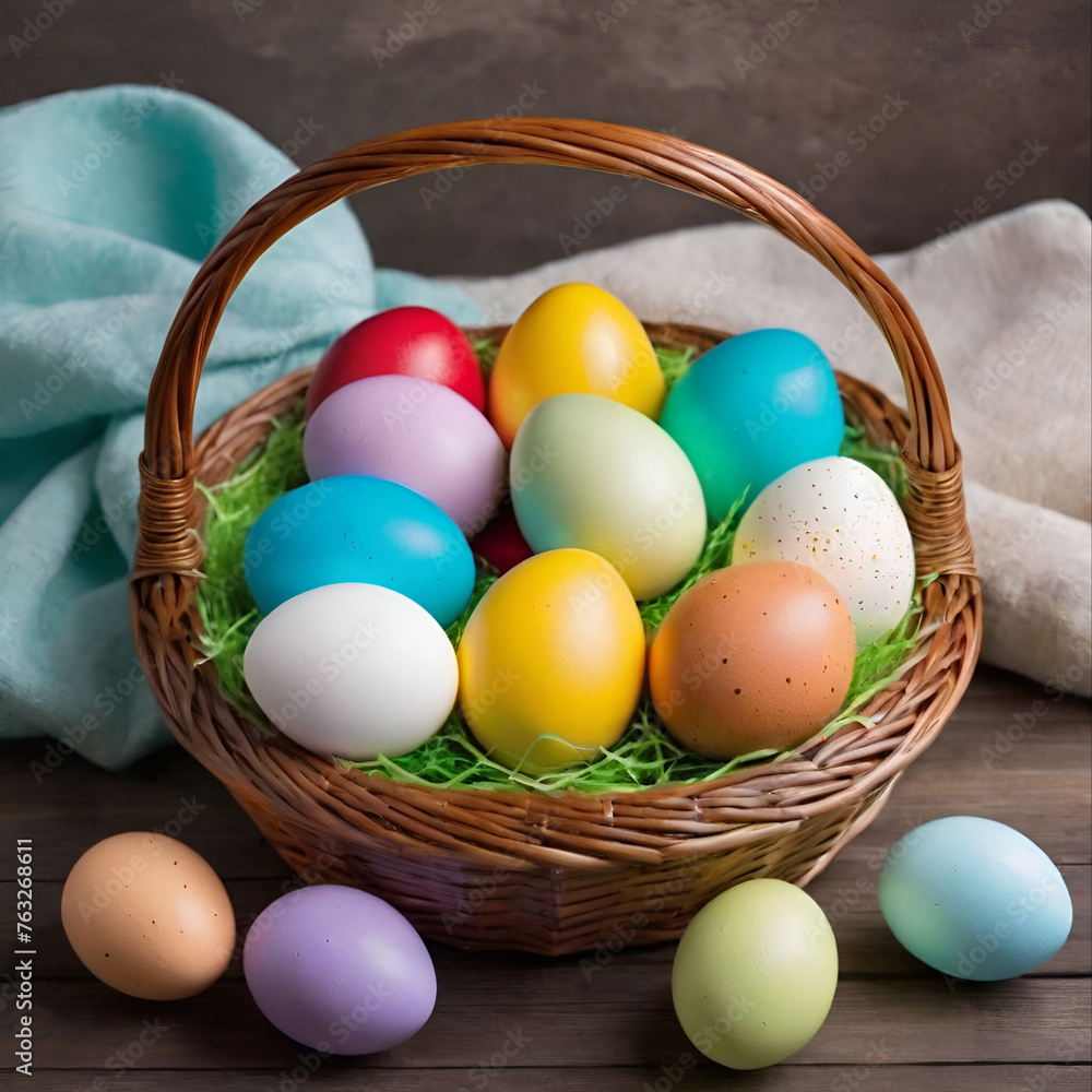 Colorful Easter eggs in a rustic basket. Happy Easter