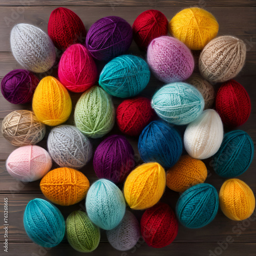 Colorful decorative Easter eggs knitted from threads. Handmade work. Happy Easter