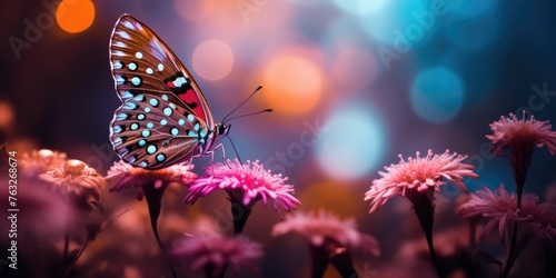 Butterfly on pink flower with bokeh light background