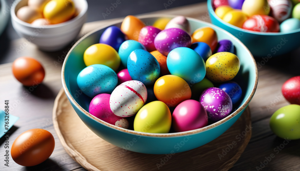 Colorful Easter eggs on a table in a decorated bowl. Generative AI.
Colorful Easter eggs on a table in a decorated bowl. Generative AI.