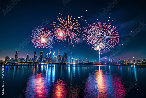 Fireworks blooming over the city. AI technology generated image © onlyyouqj