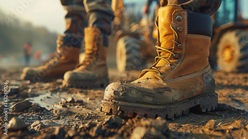 Muddy work boots against blurred construction machinery background, symbolizing hard labor and industry.