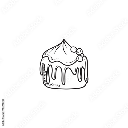Beautiful tasty cake with glaze and cream flows with pearl berry in black isolated on white background. Delicious sweet dessert for cafe restaurant menu. Hand drawn vintage vector sketch illustration.