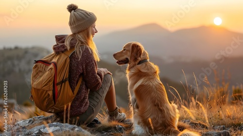 Tourist woman with her dog enjoying a mountain view at sunrise both smiling in the morning light. Concept Mountain View, Sunrise, Tourism, Pet Ownership, Morning Light © Anastasiia