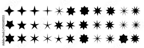 Minimalist silhouette stars icon  twinkle star shape symbols. Modern geometric elements  shining star icons  abstract sparkle black silhouettes symbol vector set