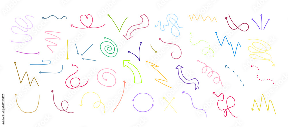 Multicolored Squiggle Doodle Outline Thin Simple Arrow Set Multicolored Squiggle Doodle Outline Thin Simple Arrow Set