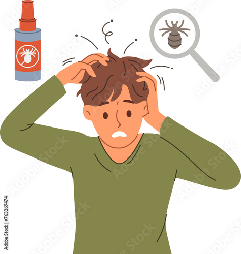 Man with lice in hair experiences discomfort and itching due to parasites, needs medical treatment. Guy with dissatisfied grimace became infected with lice because of non-compliance with hygiene rules