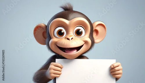 Fototapeta Cheerful monkey holding a white card, generative AI.

