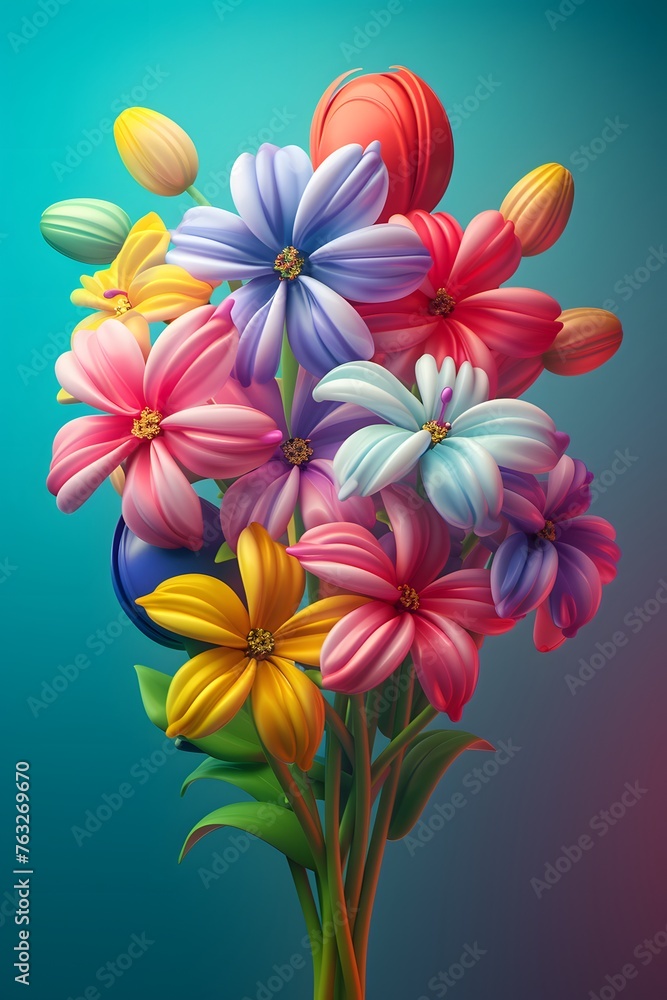 3d bouquet of bright flowers on a blue background 3d bouquet of bright flowers on a blue background
