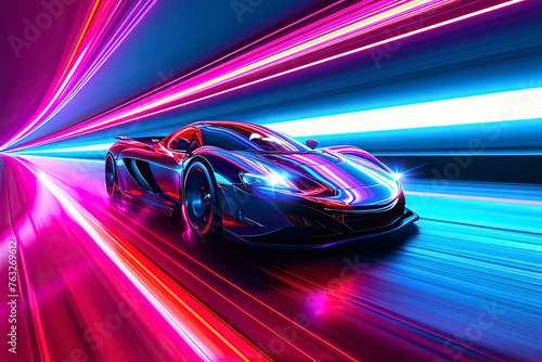 A high-speed sports car driving at night. AI technology generated image