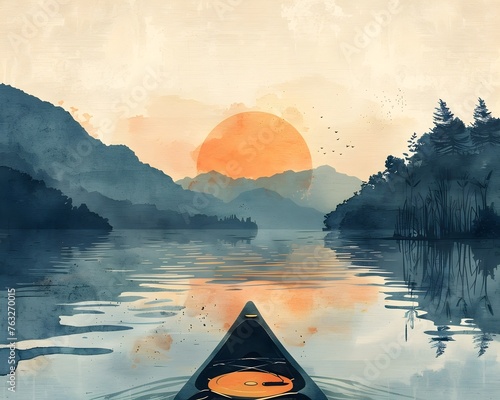 Kayaking Through Serene Lake with Breathtaking Sunset Landscape