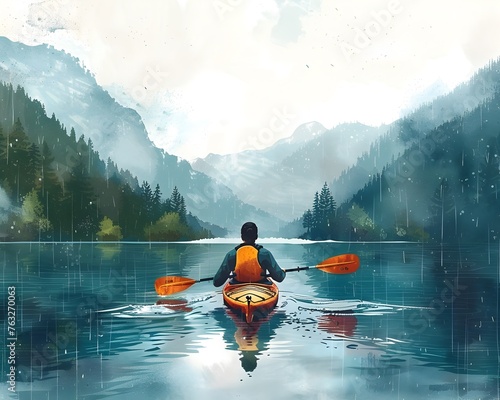 Kayaker Exploring Serene Lakeside Landscape with Misty Mountain Backdrop