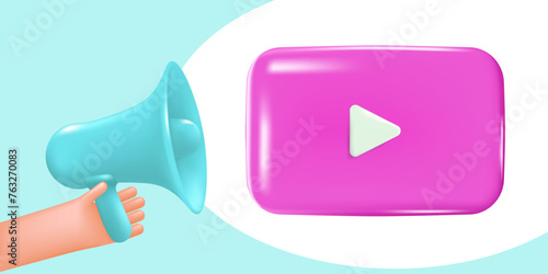 Conceptual advertising banner, loudspeaker in hand, megaphone broadcasting new video release. Advertisement for the release of new video content. 3D vector illustration for advertising and promotion, 