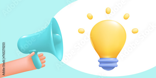 A light bulb as a symbol of a sudden idea or business concept. Loudspeaker in hand, megaphone, conceptual advertising banner, 3D vector illustration.