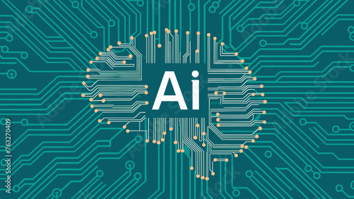 Modern cyberbrain concept. Outline top view illustration of a circuit board with a brain. Artificial intelligence banner