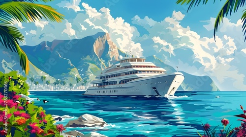 Luxurious Cruise Ship Sailing Through Tropical Paradise