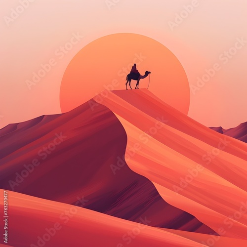 Solitary Camel Silhouette Atop Sweeping Desert Dunes Bathed in Vibrant Sunset Hues  Minimalist Evoking a Sense of Adventure and