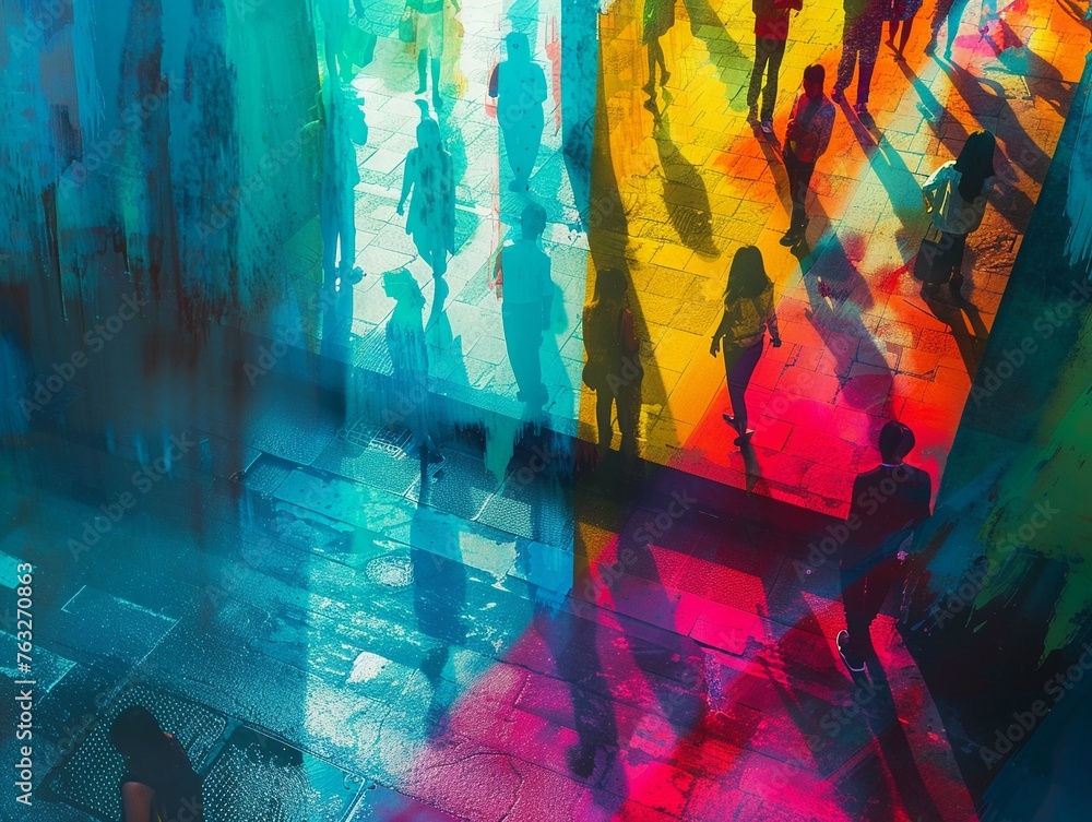 Fototapeta premium Capture the essence of shared memories through a dynamic tilted angle view Show interconnected relationships and impactful moments for a tech-forward audience