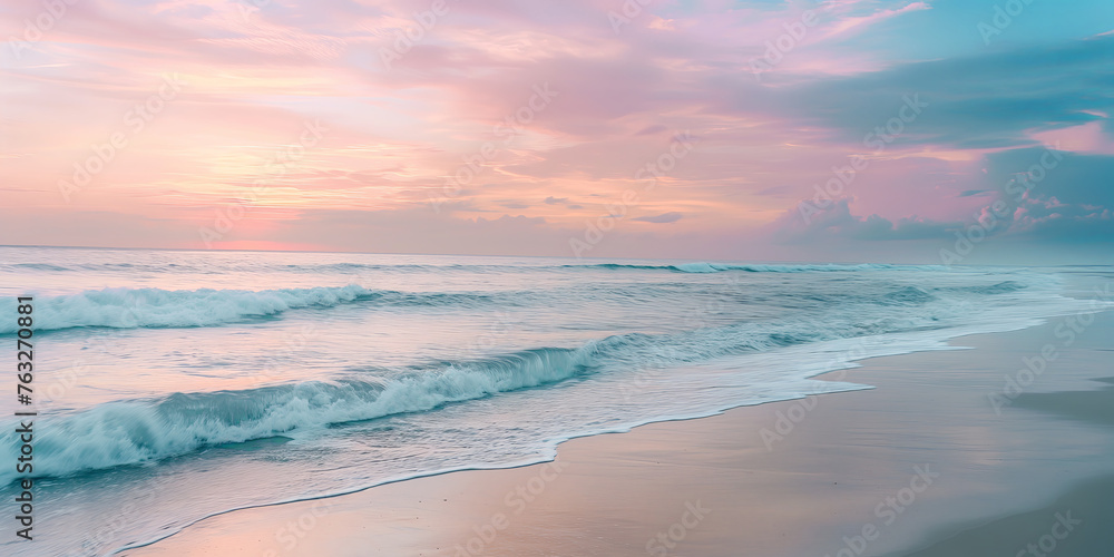 Fototapeta premium Serene Beach Sunset with Pastel Sky and Gentle Waves Rolling In, banner with copy space