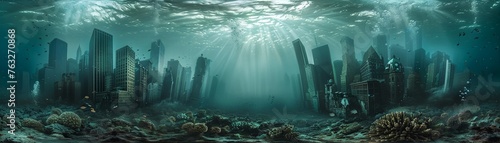 Capture the essence of underwater city life in a single image, showcasing the struggles and triumphs of its residents Highlight the architectural marvels, marine life interactions, and the harmony bet photo