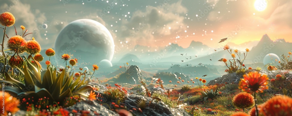 Create a panoramic image showcasing a surreal landscape on a habitable exoplanet, with vibrant alien plants and creatures coexisting harmoniously Infuse the scene with a sense of mystery and explorati