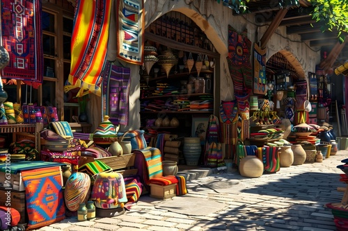 Cultural Street Market: A vibrant shot of a cultural street market, showcasing traditional crafts, textiles, and diverse products.   © Tachfine Art