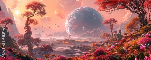Create a panoramic image showcasing a surreal landscape on a habitable exoplanet, with vibrant alien plants and creatures coexisting harmoniously Infuse the scene with a sense of mystery and explorati