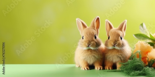 Cute rabbits on green background © PNG City