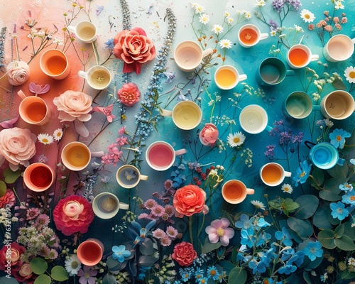 Create a stunning panoramic view featuring cups that magically change color and pattern with the changing seasons Showcase the transition from vibrant blooms in spring to icy blues in winter photo