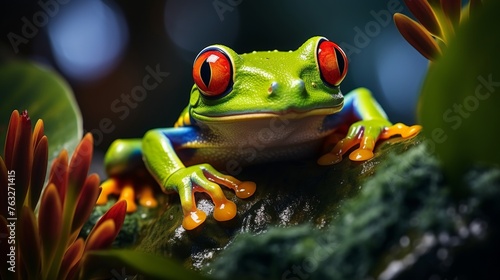 Red-eyed treefrog agalychnis callidryas in lush rainforest natural habitat with space for text
