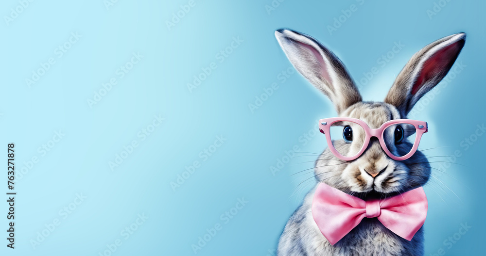 cute funny rabbit in glasses with a bow tie. postcard with funny bunny sitting isolated on blue background